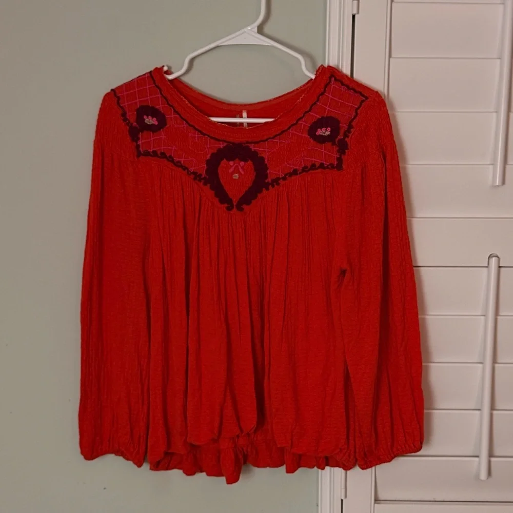 Free People Red Blouse with Embroidered Detail - Picture 2 of 8